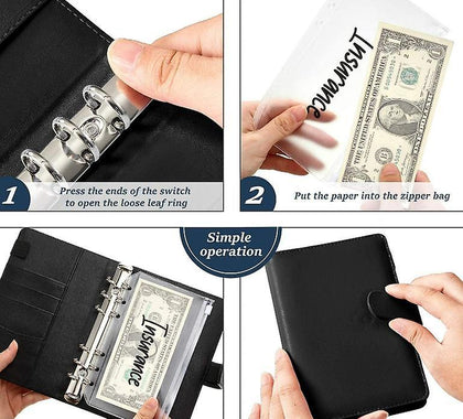 Leather Money Organizer Binder – 8 Pockets & Pen Holder |Black, Red, Pink