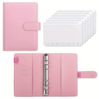 Leather Money Organizer Binder – 8 Pockets & Pen Holder |Black, Red, Pink