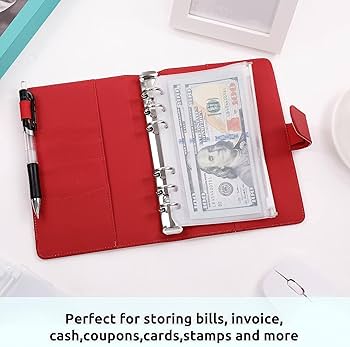 Leather Money Organizer Binder – 8 Pockets & Pen Holder |Black, Red, Pink